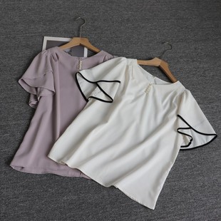 外贸日单小飞袖甜美雪纺短袖女夏季新款宽松显瘦简约百搭T恤上衣