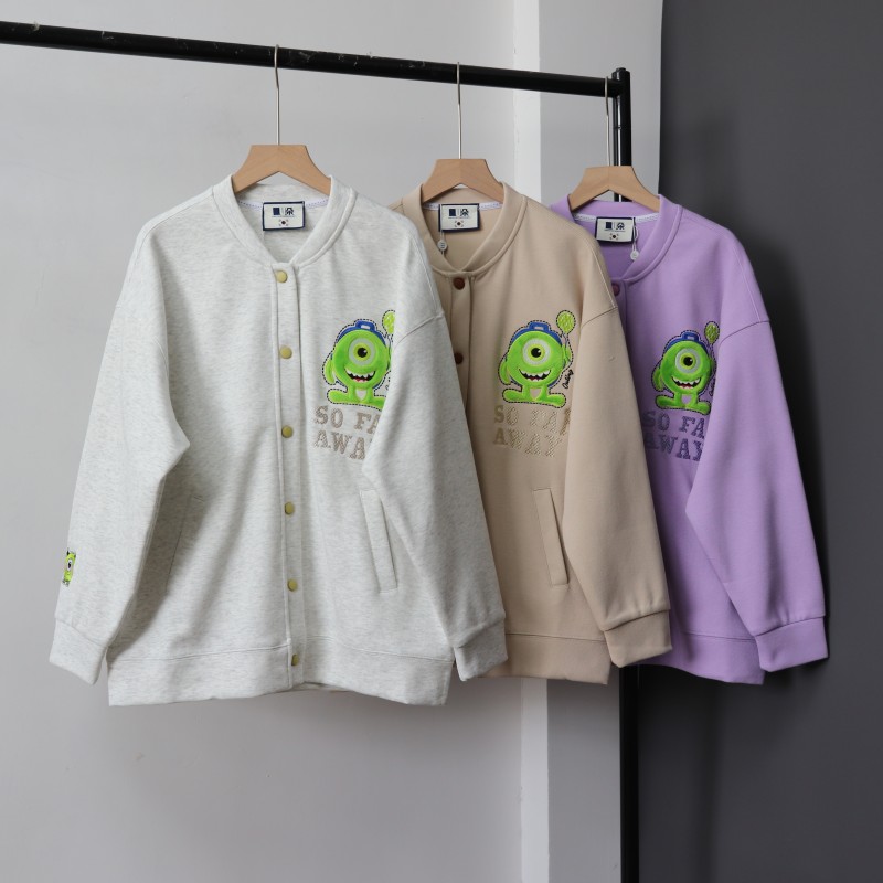 高品质女春秋新款美式趣味卡通外套毛绒独眼怪棒球服小众设计外套