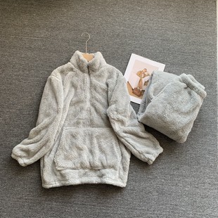 新款 秋冬季 保暖套头立领家居服 外贸原单男女款 加厚珊瑚绒睡衣套装