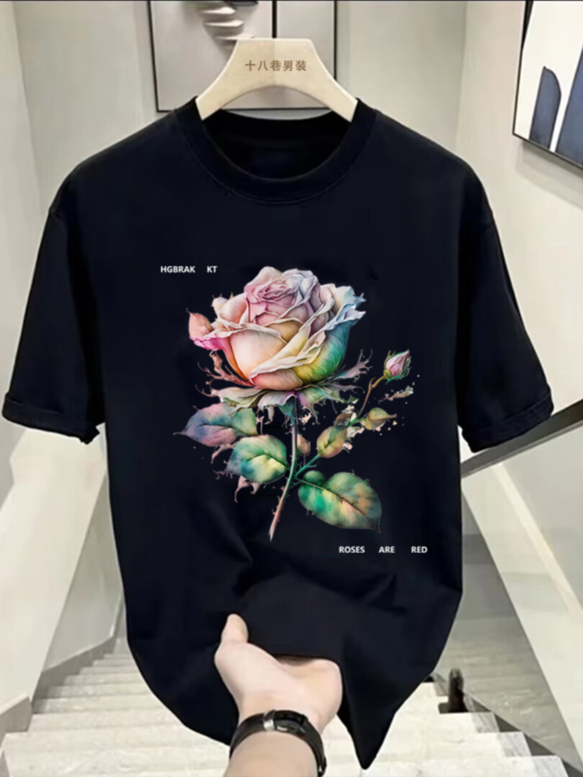 品牌外贸~奥特莱斯专柜清仓国潮牌彩绘玫瑰短袖T恤男女款纯棉上衣