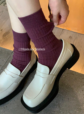 “黑桑莓莓”奶白色纯棉袜子女夏季中筒堆堆袜紫色竖条纹小皮鞋袜