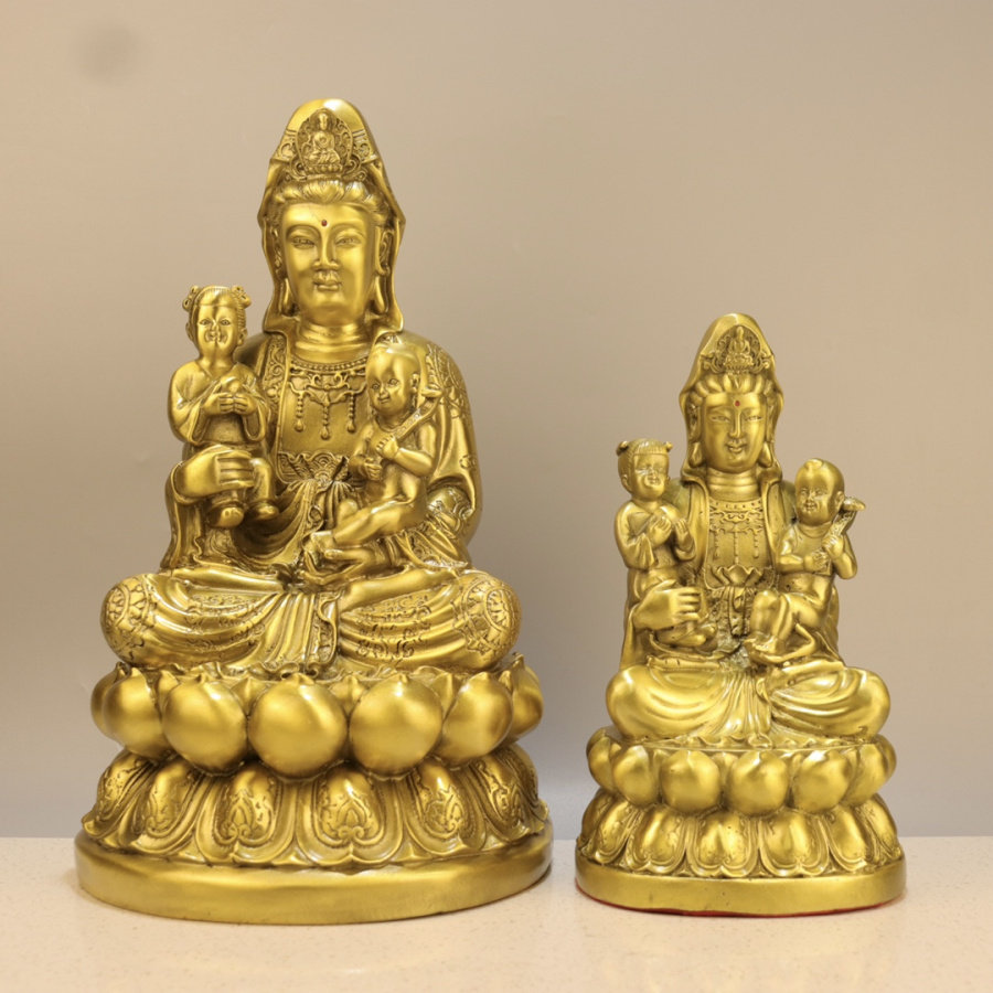 铜送子观音佛像纯铜坐莲花送子观世音菩萨摆件客厅供奉高30公分