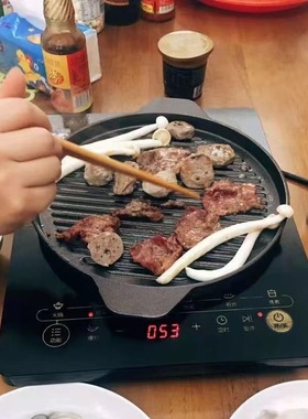 家用电磁炉双耳条纹烤肉盘铸铁韩式铁板烧商用西餐厅加厚煎锅牛排
