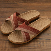 居家防滑休闲潮凉拖鞋 交叉休闲藤草手工编织亚麻拖鞋 男竹编草鞋 女
