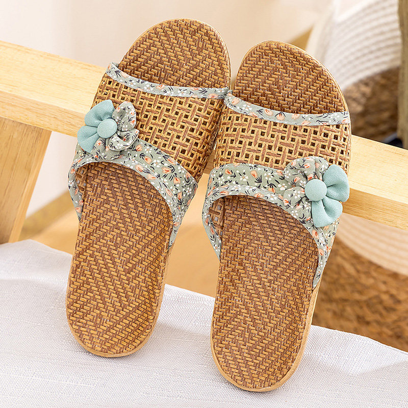碎花朵亚麻藤草席竹编凉席女居家男木地板情侣家居室内透气凉拖鞋
