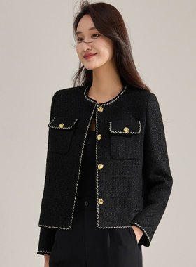 秋季轻奢氛围黑色亮丝粗花呢小香风短款外套15787 半裙15788