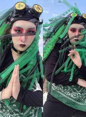 暗码牌-亚文化定制霸王绿姬国风赛博哥特cyberlox京剧绿色系头饰
