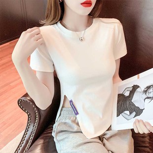 韩版 不规则短袖 夏季 修身 t恤女2023年新款 显瘦小心机开叉上衣ins潮