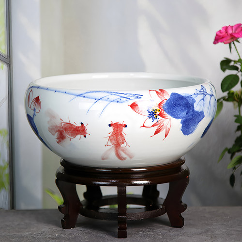 手绘荷花盆睡莲缸陶瓷鱼缸景德镇青花瓷茶室茶洗书房笔洗桌面水缸