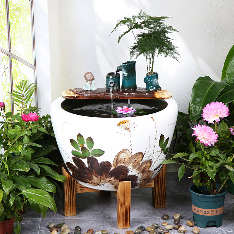 景德镇陶瓷水缸家用水循环加湿室内喷泉客厅锦鲤缸古法造景假山盆