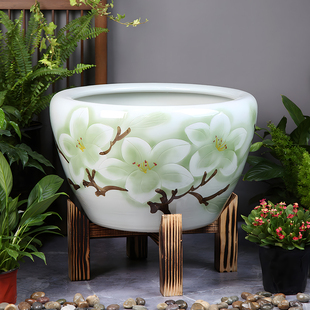 大型陶瓷鱼缸睡莲盆荷花缸客厅摆设门厅水缸古法养鱼缸造景吸水石