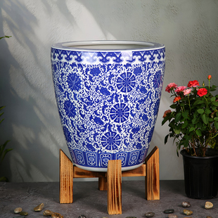 加高落地大型古法老式鱼缸陶瓷青花客厅装饰荷花缸睡莲盆配实木座