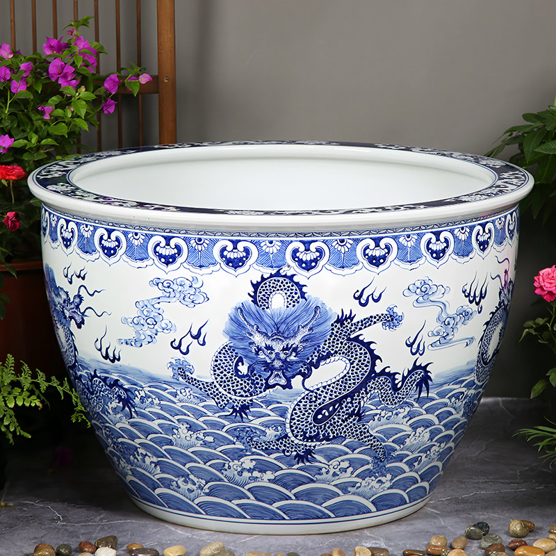 青花瓷重工手绘龙纹荷花缸公司门面大厅水缸锦鲤缸古法养鱼乌龟缸