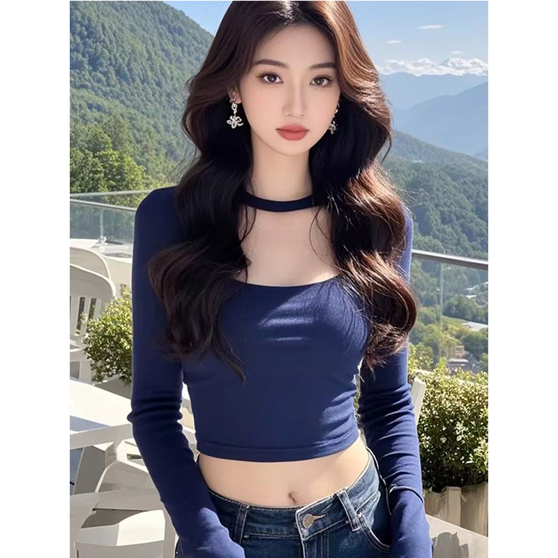 秋冬新款独特性感辣妹藏蓝色上衣