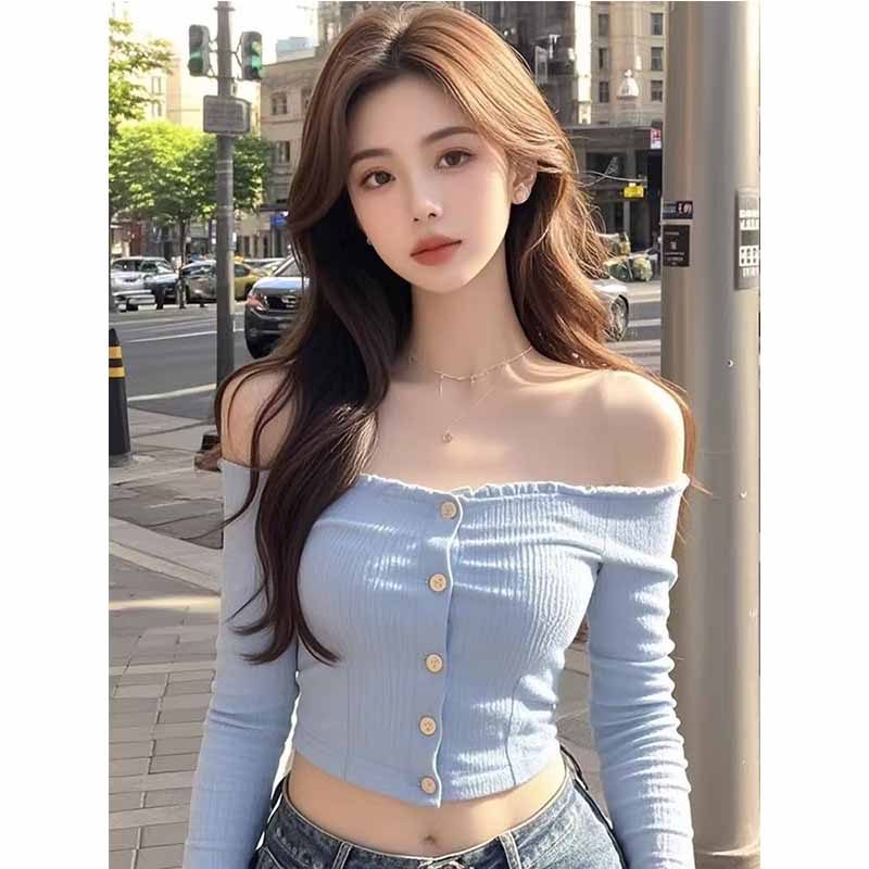 纯欲甜辣风露肩一字领长袖