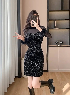 法式轻奢网纱2025秋冬新款拼接重工亮片名媛高级感修身连衣裙女装