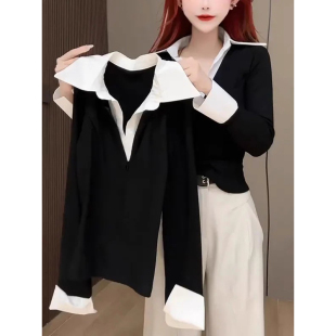 收腰修身 设计感撞色衬衫 新款 T恤女秋季 显瘦上衣潮 领假两件喇叭袖