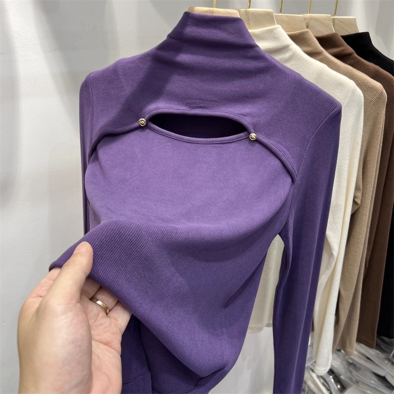 小心机镂空半高领磨毛T恤打底衫