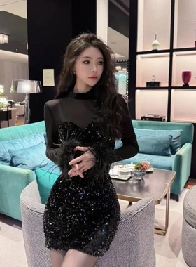 气质修身小香风连衣裙女秋冬法式高级感性感黑色闪闪亮片包臀裙子