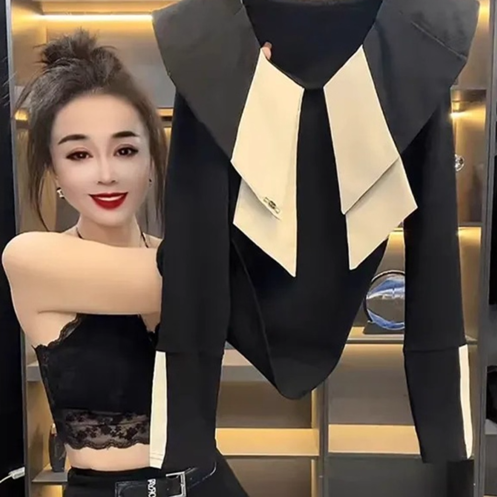 显瘦撞色海军领拼接套头长袖T恤