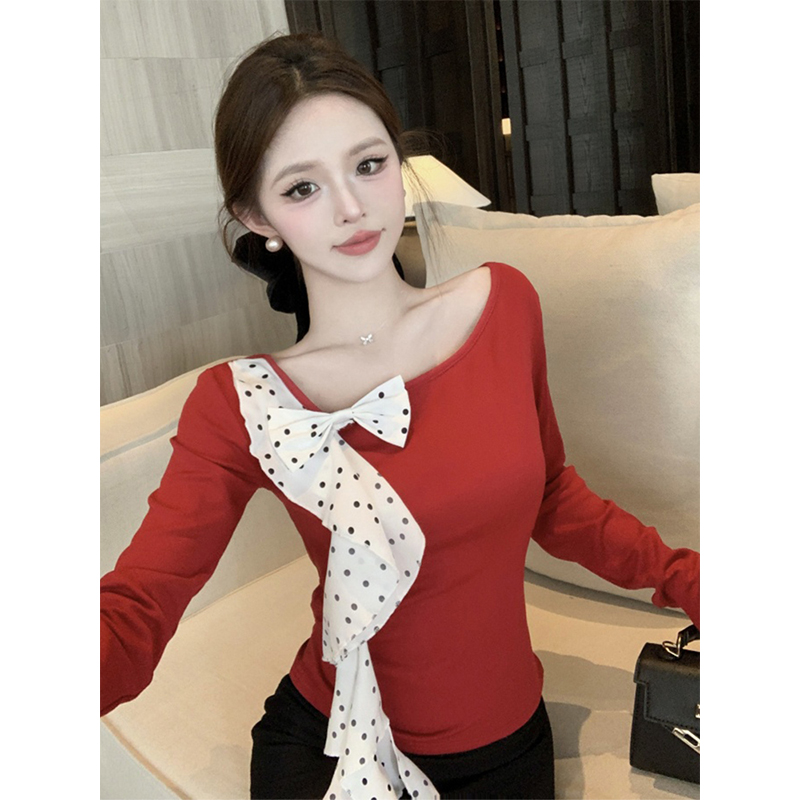 高级感一字肩长袖T恤蝴蝶