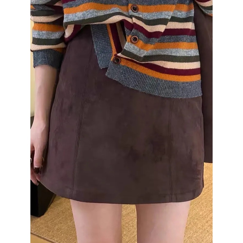 复古A字麂皮绒半身裙女2025秋冬