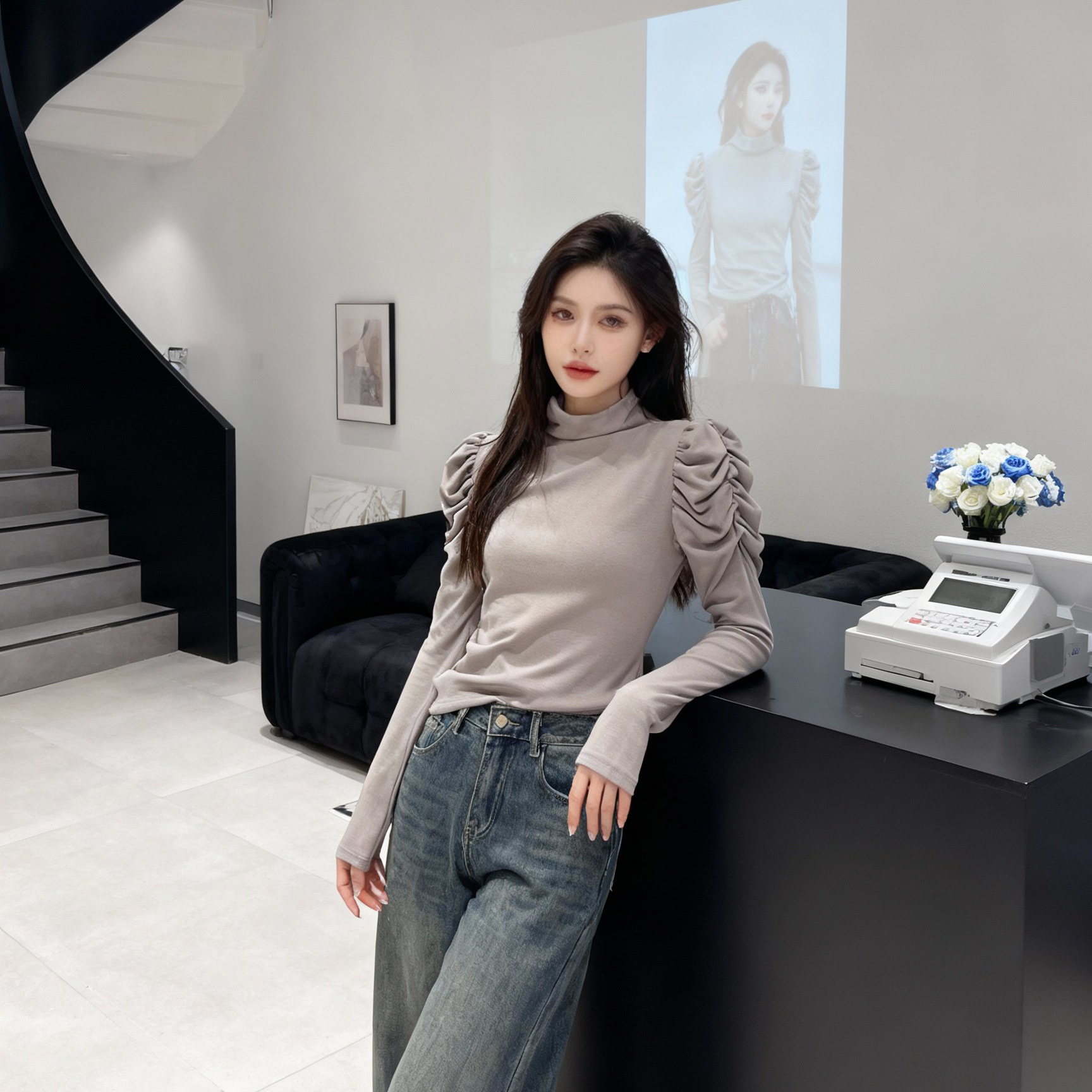 百搭休闲风半高领泡泡袖T恤上衣