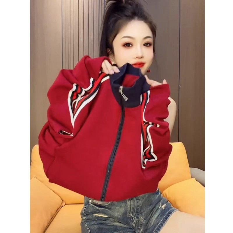 美式红色运动风立领拉链外套上衣
