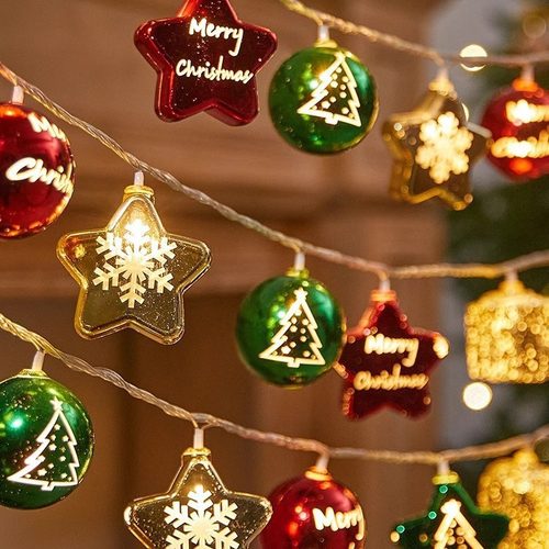圣诞节电镀天罗球灯串节日布置圆球五角星闪灯室内圣诞树挂件灯串