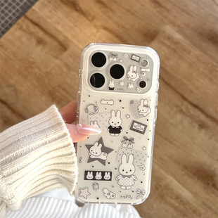 韩系ins少女可爱简约黑白波点星星兔子插画适用15苹果17promax手机壳iphone16pro新款14双层13女17全包保护套