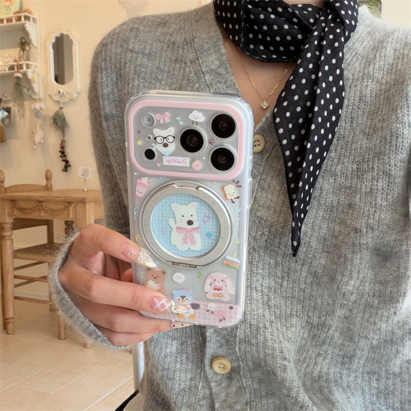 日韩ins卡通可爱少女粉色西高地狗狗支点旋转360度支架15适用苹果17promax手机壳iphone16pro新款双层保护套