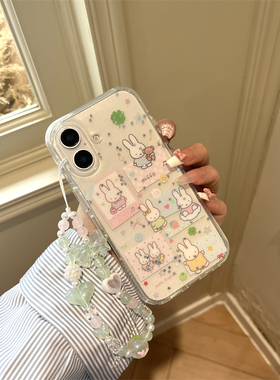 韩风ins简约卡通可爱便签兔子适用苹果13闪粉手机壳16promax新款iphone17pro带链条15双层14保护套全包防摔潮