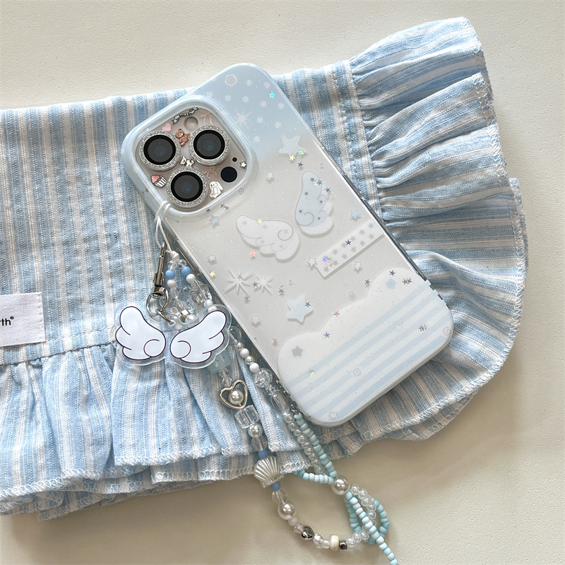 韩风ins小清新闪粉波点条纹小翅膀适用苹果15手机壳iphone16ProMax新款15带手链13双层创意14全包防摔保护套