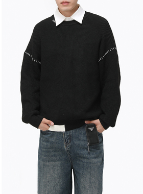 小众学院风圆领针织衫翻领拼色男宽松黑色毛衣休闲百搭保暖上衣