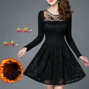 2023冬季新款加绒加厚蕾丝连衣裙中长款保暖打底裙胖mm遮肚子冬裙