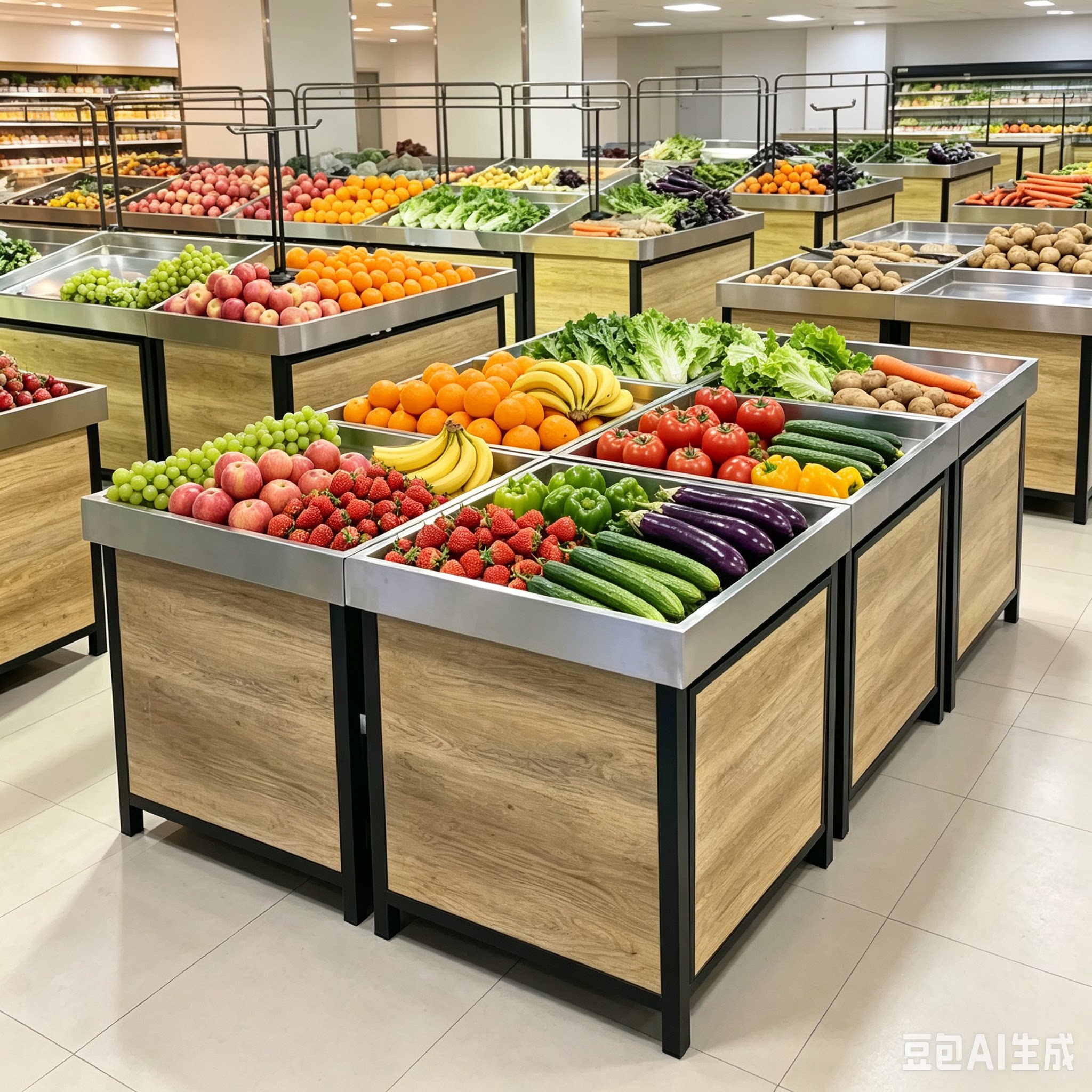 超市不锈钢蔬菜货架生鲜店蔬菜堆头永辉款果蔬架货架中岛柜