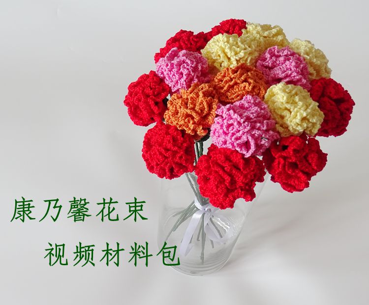 潮童编织屋 康乃馨手工花束钩花diy材料包 毛线编织钩针视频教程