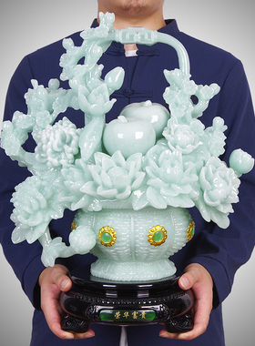 牡丹花花篮摆件新中式乔迁新居客厅苹果酒柜电视柜博古架玄关装饰