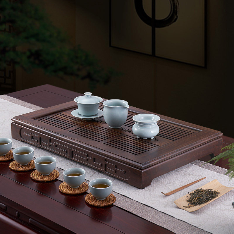 汉唐实木茶盘家用客厅大号茶台储水式茶海简约黑紫檀功夫茶具套装