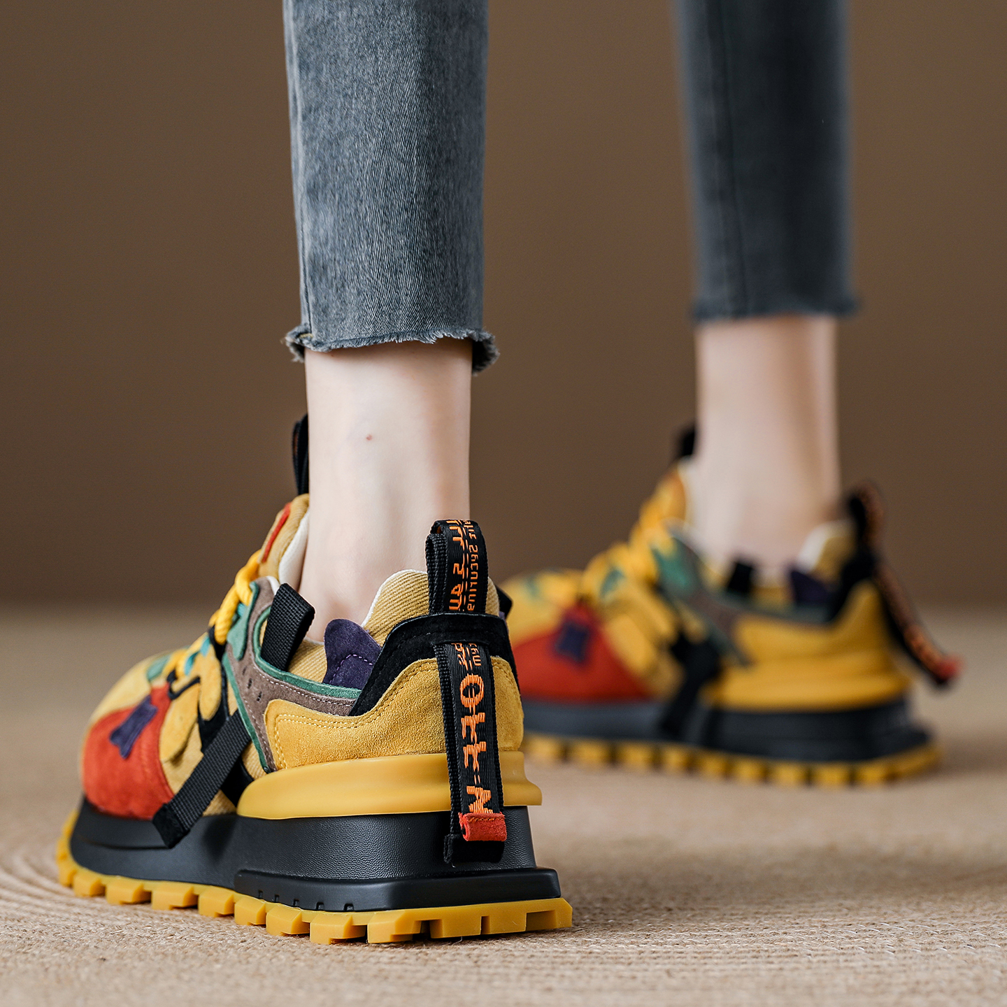 厚底拼色鸳鸯色户外阿甘鞋女2025秋冬新款休闲丑萌德训鞋运动女鞋