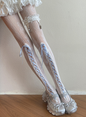 袜贵人新品手工绑带设计师清新蓝色织带蕾丝薄款少女洛丽塔打底裤