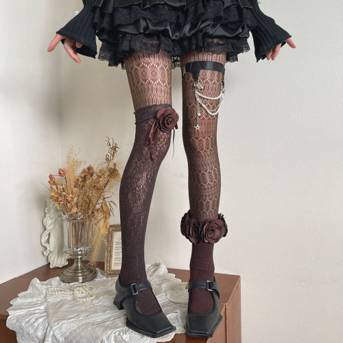 袜贵人新品美拉德风棕色咖啡山茶花边蝴蝶结时髦少女叠穿打底裤袜