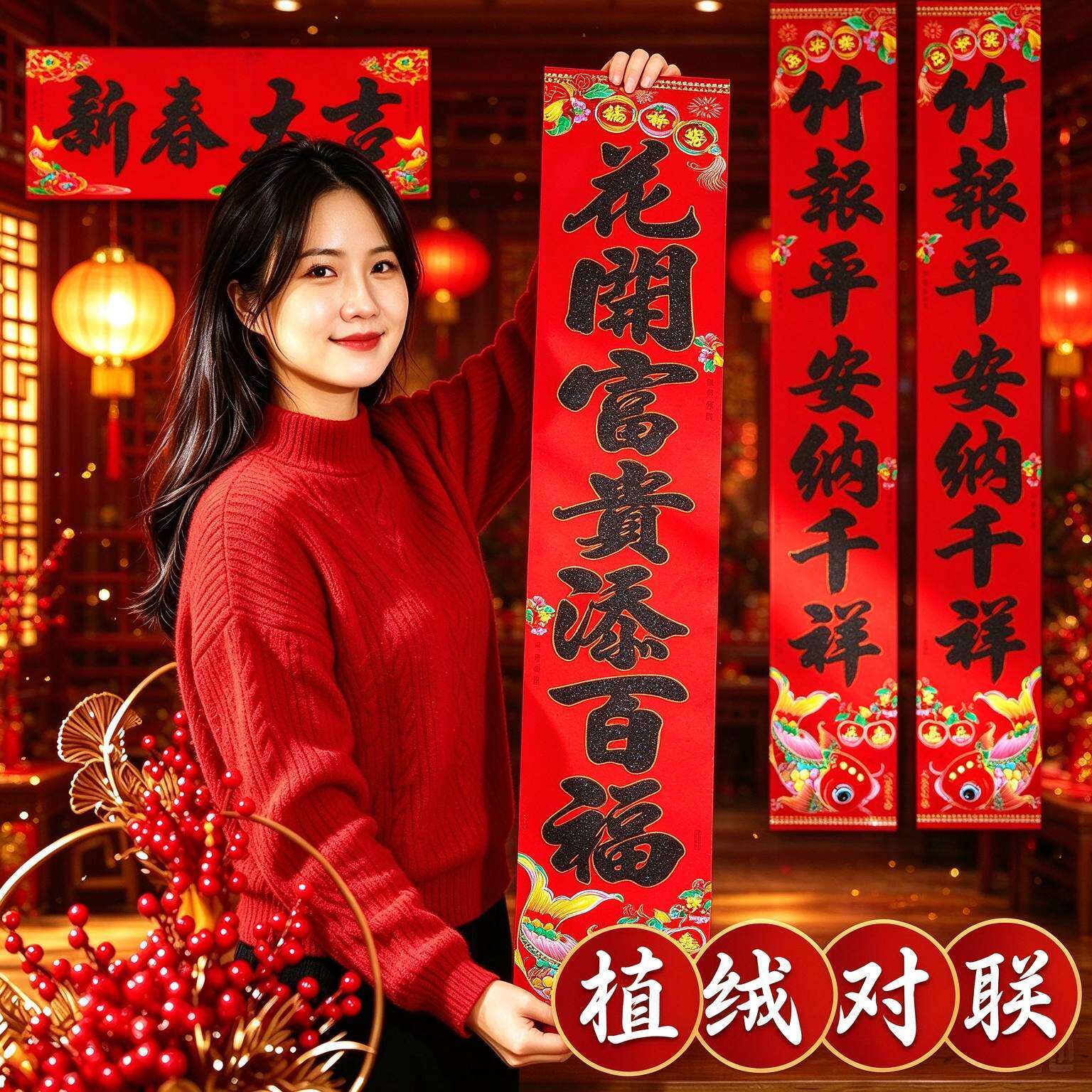 2027新春撒金植绒对联大气金字春联乔新居入户门过年福字门贴套装