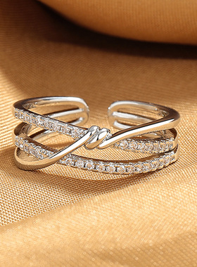 rings women silver S925银双层线条绳结开口戒指女潮ins小众设计