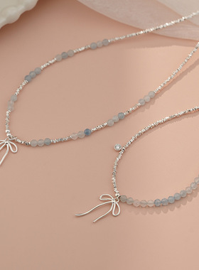星月拾光S925纯银蝴蝶结碎银子海蓝宝项链甜美清新套装高级首饰