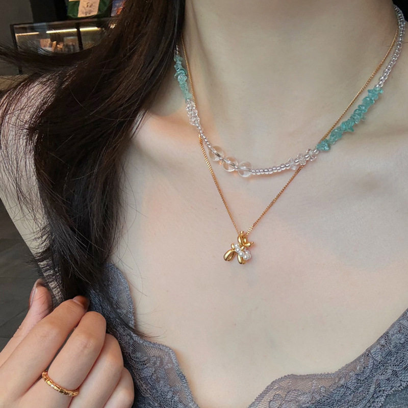 蜜蜂妈手作 古法沙金珍珠气球小狗吊坠项链女小众设计精致锁骨链