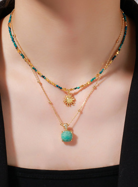 绿松石天然石原创手工串珠项链黄铜镀金太阳吊坠时尚叠戴锁骨链