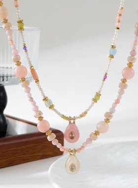 恋爱粉色系甜美原创设计水晶项链女小众天然石粉澳宝水滴锁骨链