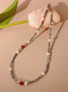 新款天然石红虎眼淡水珍珠手工串珠项链女时尚简约通勤OL百搭颈链