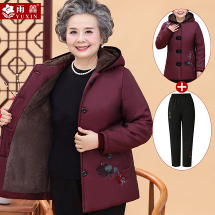 老年人冬装女棉衣妈妈装外套冬季连帽棉服60